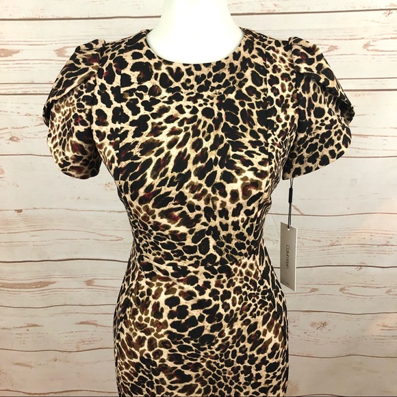 NWT Calvin Klein Puffy Tulip Sleeve Leopard Cheetah Sheath Dress - Picture 4 of 10
